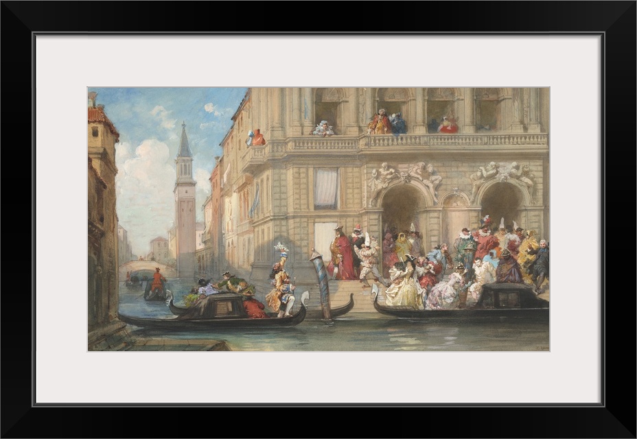 Masqueraders Boarding Gondolas before a Venetian Palazzo, by Eugene Louis Lami, 1869, French painting, watercolor, graphit...