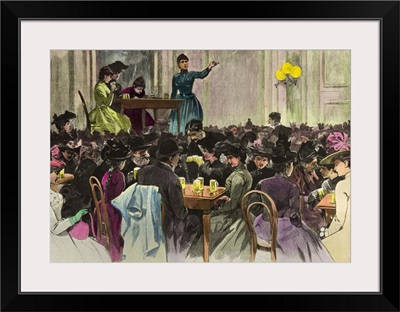 Public Meeting Suffragettes in Berlin, Early 20th Century, Color Engraving