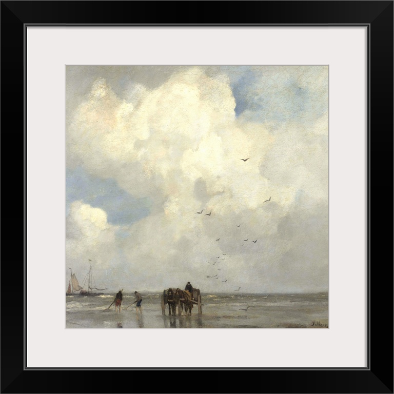 Shell Fishing, by Jacob Maris, 1885, Dutch painting, oil on canvas. People on beach fishing with nets for shellfish as a t...