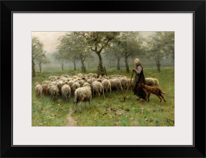 Shepherdess with a Flock of Sheep, by Anton Mauve, c. 1870-88, Dutch painting, oil on canvas. Sheep and dogs in an orchard.