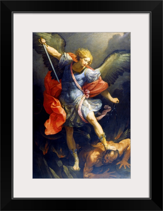 St. Michael the Archangel, by Reni Guido, 1635, 17th Century, originally oil on silk. St. Michael stepping on Devil's head...