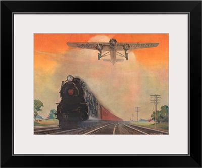 Steam powered locomotive and Ford Tri-Motor airplane