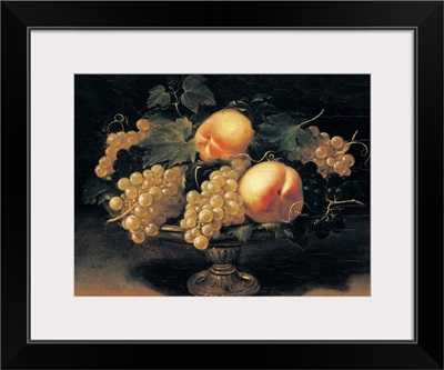 Still Life, Peaches, White Grapes, Black Grapes, Vine Leaves, Metal Cup, by Panfilo Nuvo