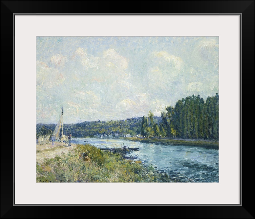 The Banks of the Oise, by Alfred Sisley, 1877-78, French impressionist painting, oil on canvas. River landscape with a sai...