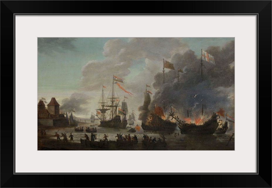 The Dutch Burn English Ships during the Expedition to Chatham, June 20, 1667 (Raid on the Medway), by Jan van Leyden, 1667...