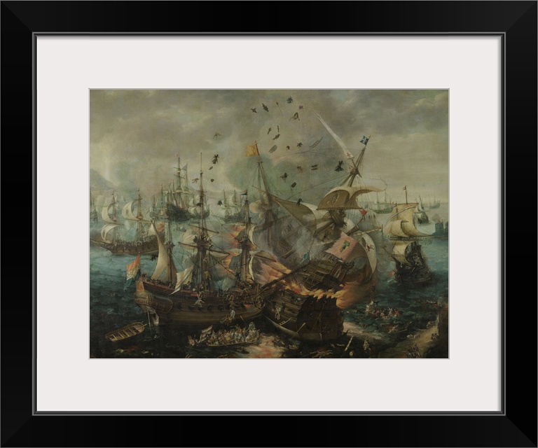 The Explosion of the Spanish Flagship during the Battle of Gibraltar, by Cornelis Van Wieringen, 1621, Dutch painting, oil...
