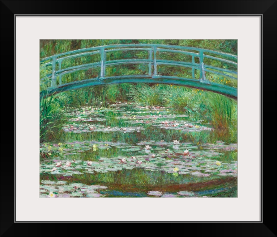 The Japanese Footbridge, by Claude Monet, 1899, French impressionist painting, oil on canvas. Floating lily pads and mirro...