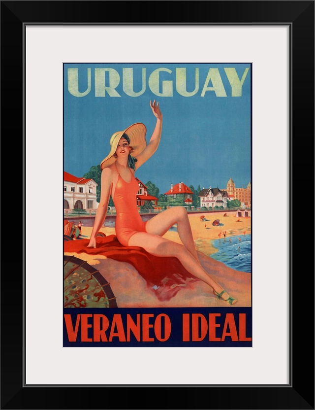 Uruguay, Veraneo Ideal. (Uruguay-Ideal Summer Holiday). 1930s travel poster shows a bathing beauty at the beach.