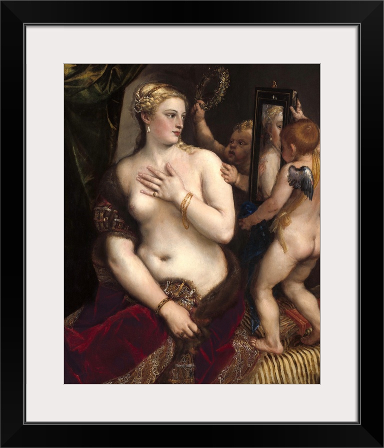 Venus with a Mirror, by Titian, c. 1555, Italian Renaissance painting, oil on canvas. The painting of the classical Goddes...