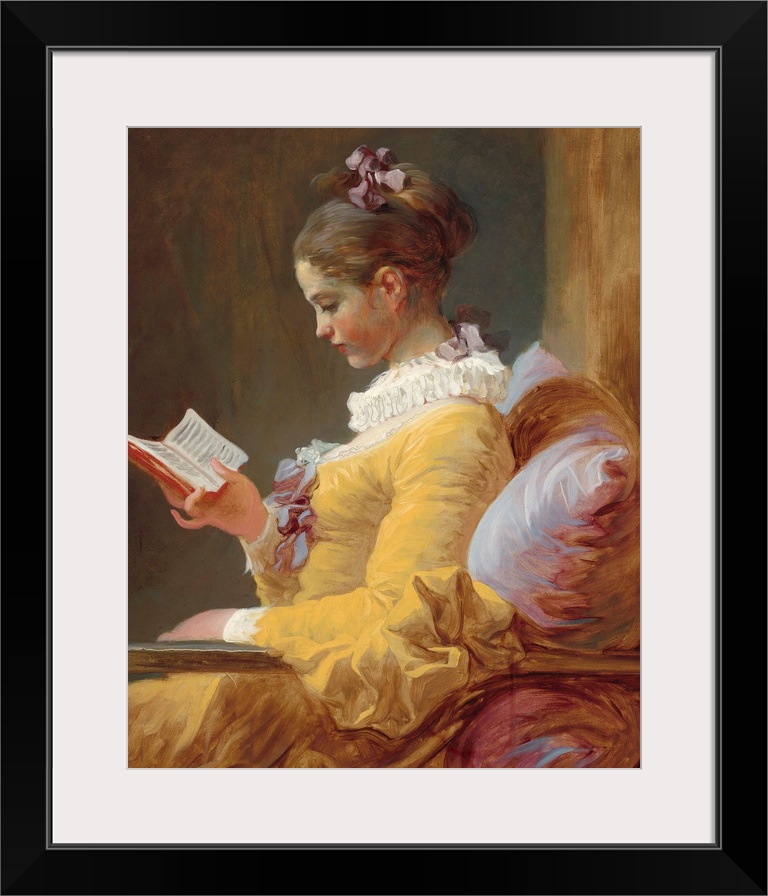 Young Girl Reading, by Jean-Honore Fragonard, c. 1770, French painting, oil on canvas. The girl's dress and cushion are pa...