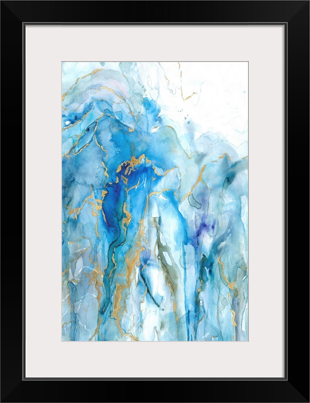 Large abstract painting with dripping watercolors in shades of blue and green with metallic gold on top.