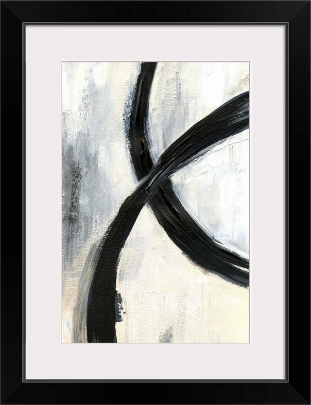 Contemporary abstract artwork with broad black brush strokes across the center against a neutral background.