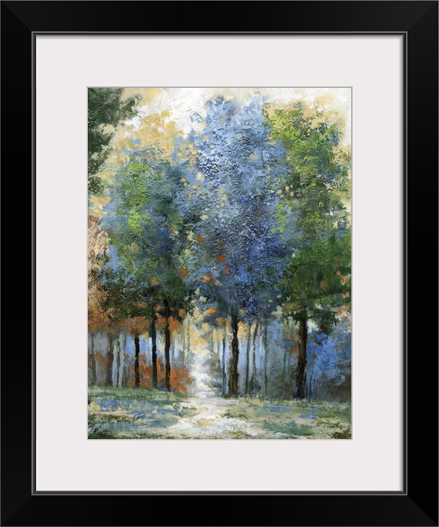 Contemporary artwork of a forest in shades of blue and green with sunlight beaming down.