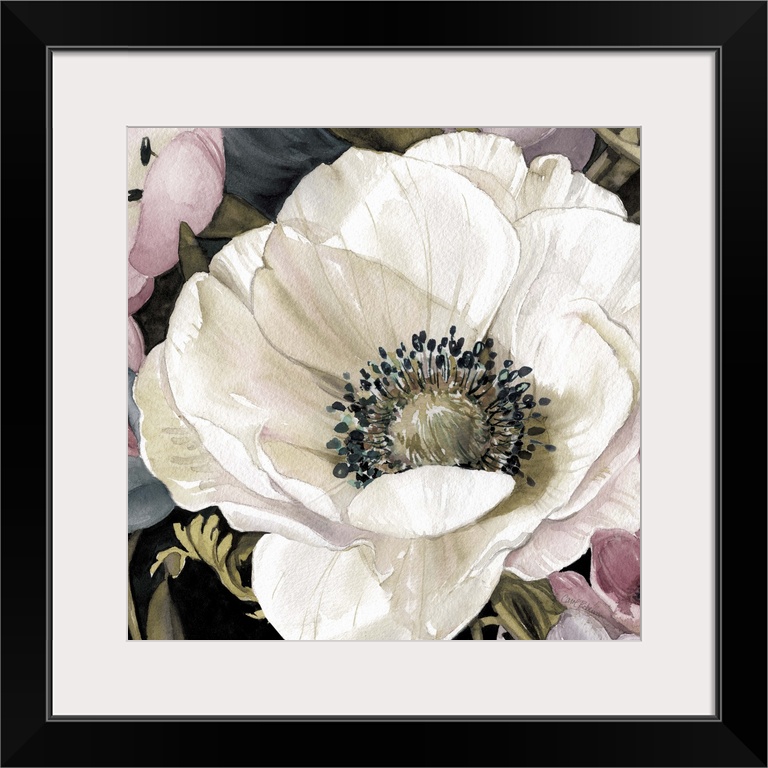 A watercolor painting of a white anemone flower close-up with different colored flowers around it.