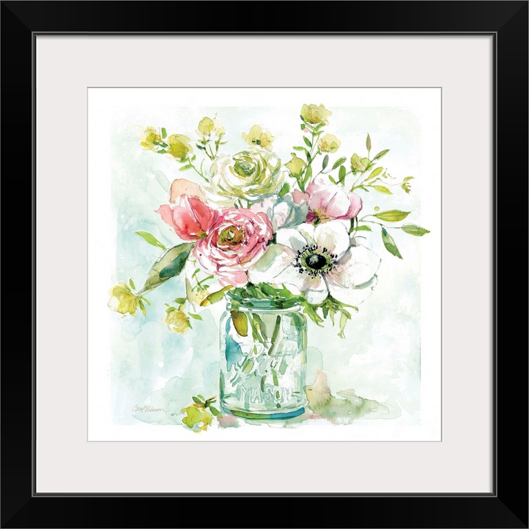 A still life watercolor of a bouquet of flowers in a mason jar.