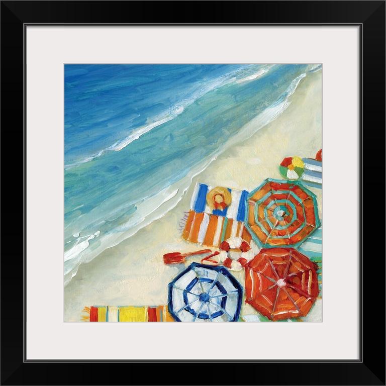 Contemporary painting of an aerial view of umbrellas, beach blankets, and other beach accessories.