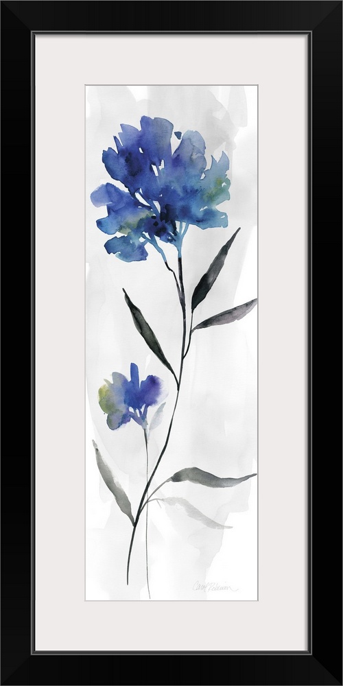 Watercolor art print of a deep blue flower on a pale grey background.