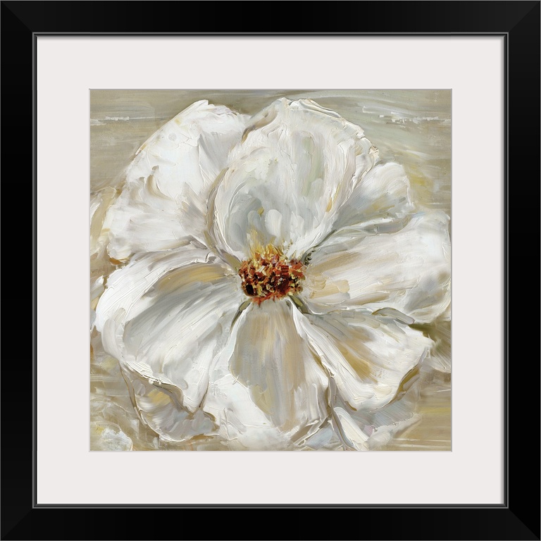 Square contemporary painting of one large white flower on a neutral colored background.