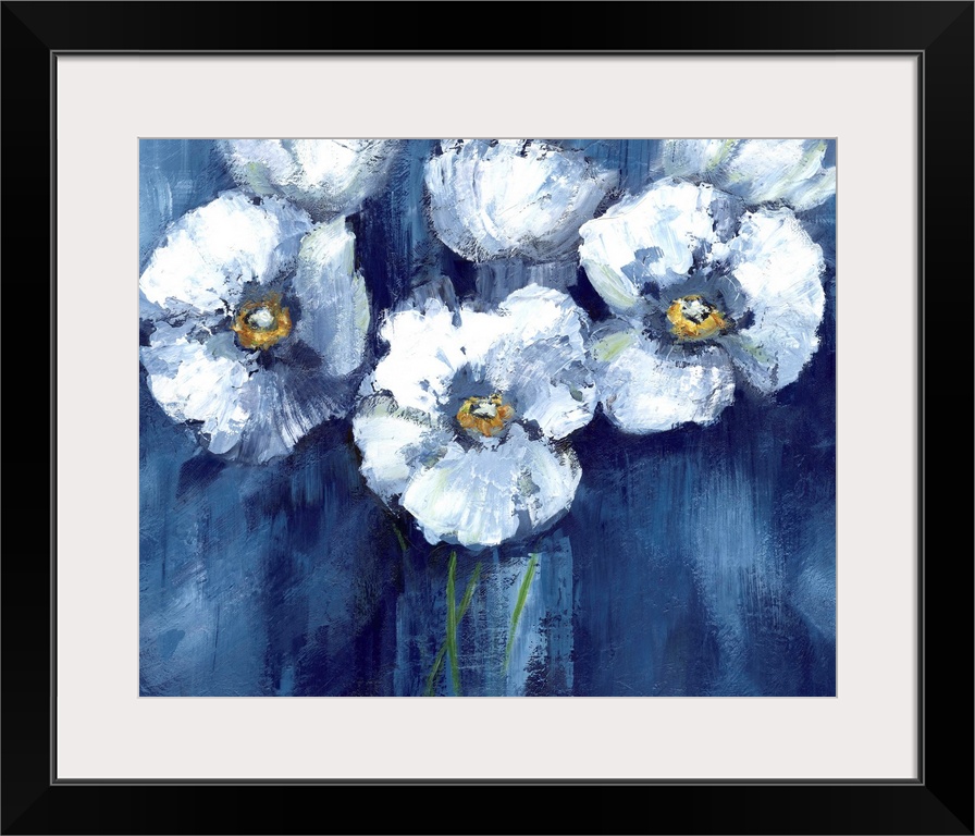 Large painting of white poppy flowers on a dark blue background.