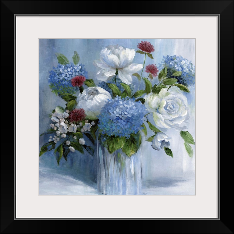 Square still life painting of a floral arrangement with blue tones.