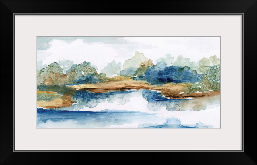 Watercolor landscape painting in cool shades of blue and green.