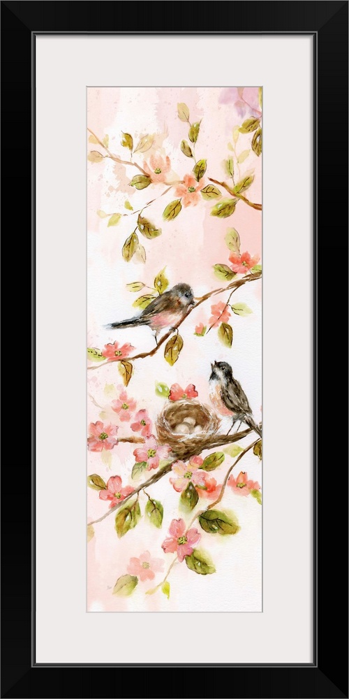 A watercolor painting of two birds perched on branches with a nest holding three eggs surrounded by green leaves and pink ...