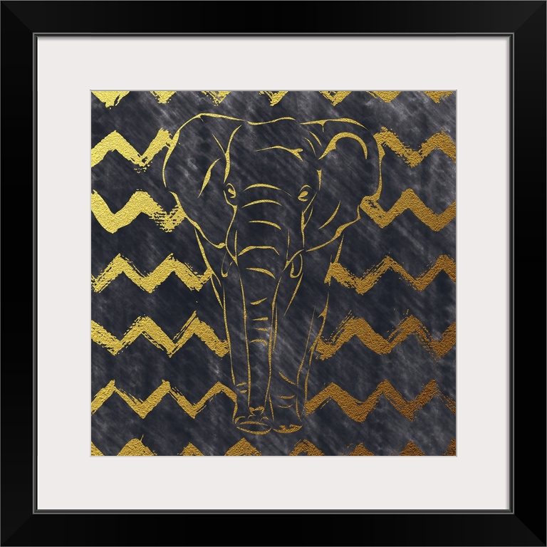 Square illustration of an elephant in gold and black with a zig-zag design in the background.