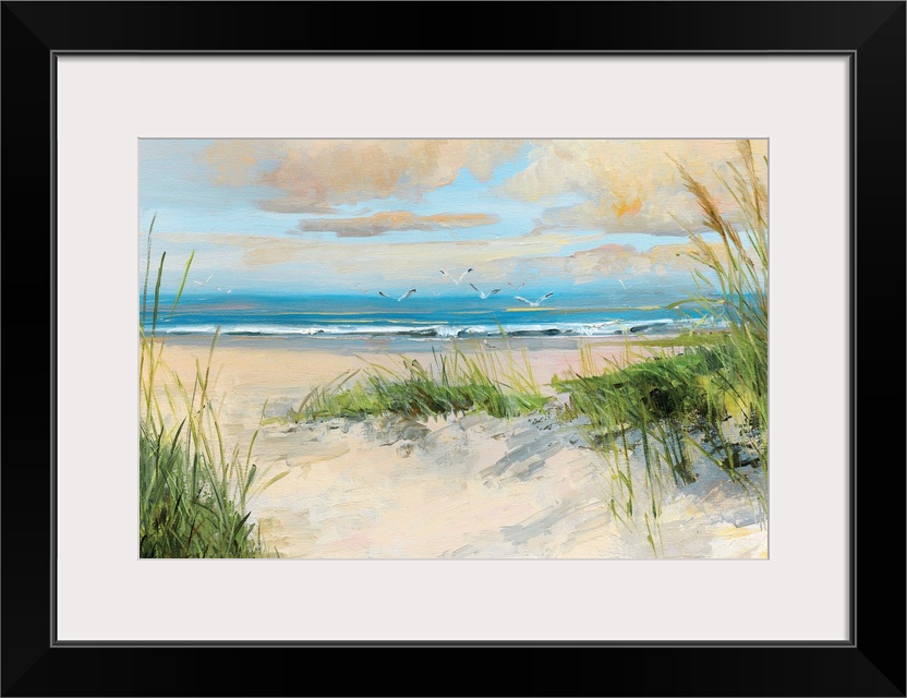 Contemporary painting of a sandy beach with birds flying towards the ocean.