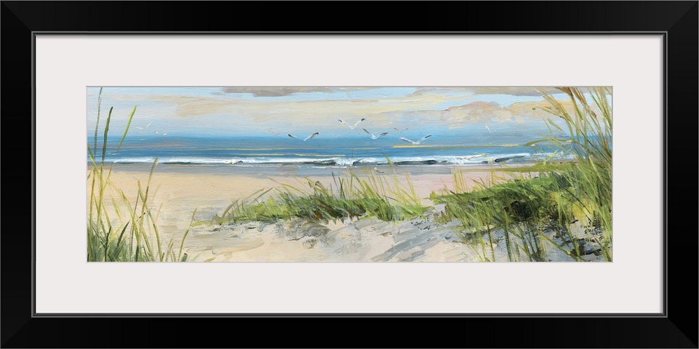 Contemporary landscape painting of grass on a sandy beach at the edge of the ocean.