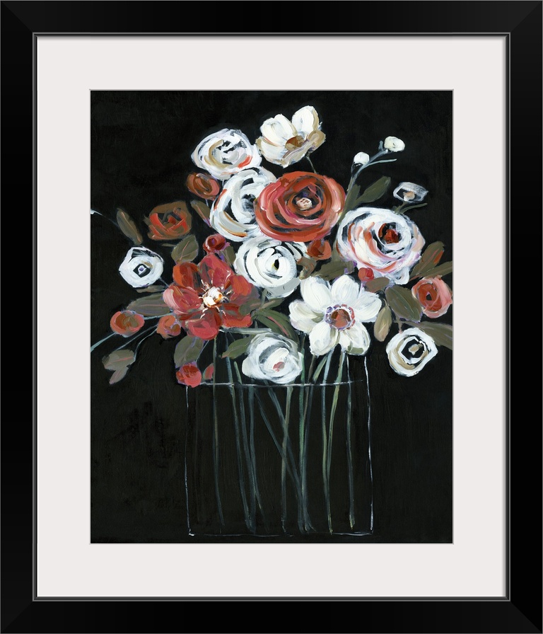 Large vertical painting with white and red flowers in a glass vase on a solid black background creating contrast.