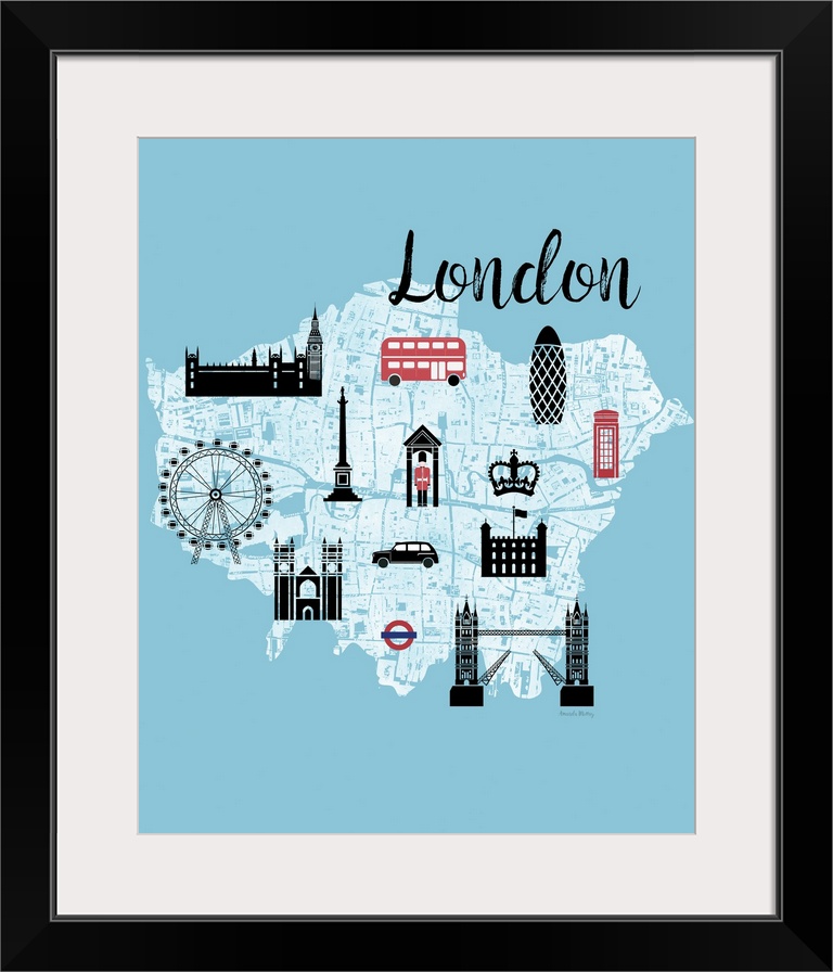 Light blue, white, and red illustrated map of London highlighting landmarks.