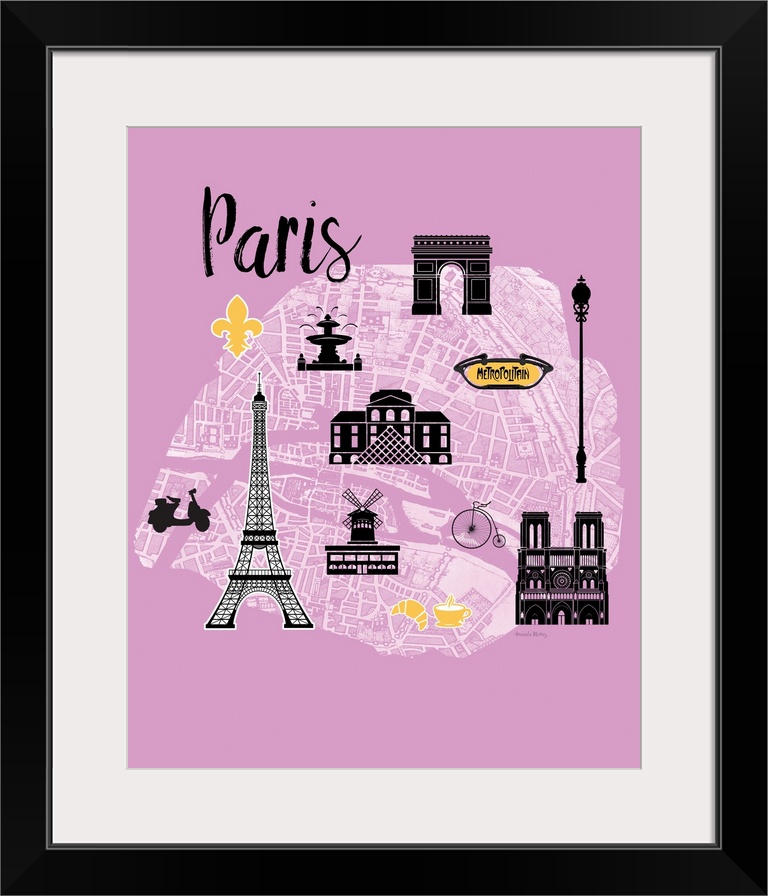 Map of Paris with cute graphics of famous landmarks.