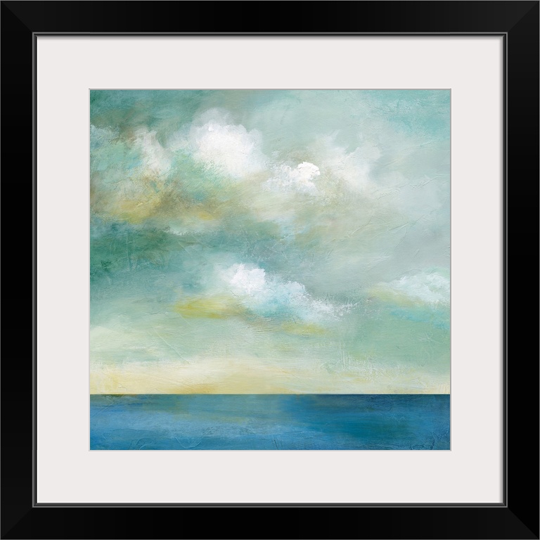 In this contemporary painting, brisk brush strokes compose white fluffy clouds that drift above a still body of water.