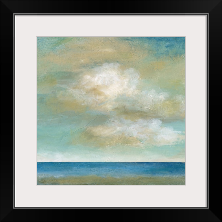 In this contemporary painting, brisk brush strokes compose white and yellow fluffy clouds that drift above a still body of...