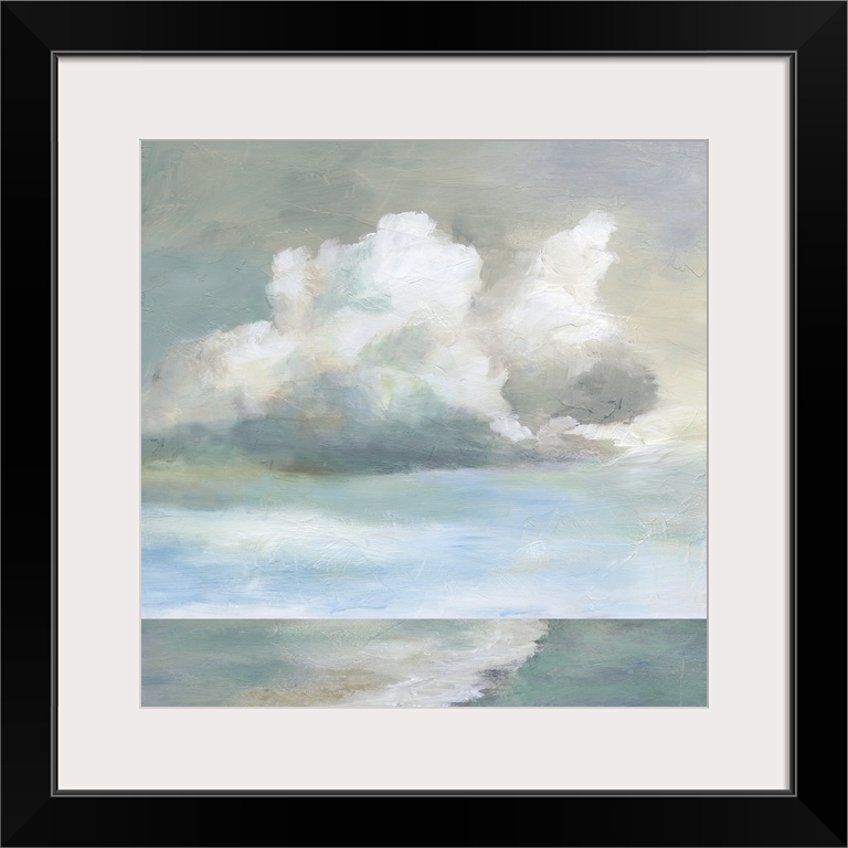 In this contemporary painting, brisk brush strokes compose white fluffy clouds that drift above a wave breaking.