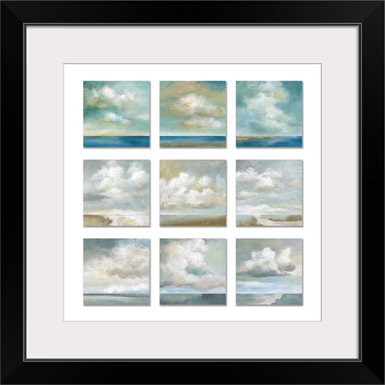 Three by three square paintings of white fluffy clouds over a body of water against a white background.