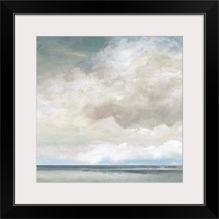 In this contemporary painting, brisk brush strokes compose white fluffy clouds that drift above a still body of water.