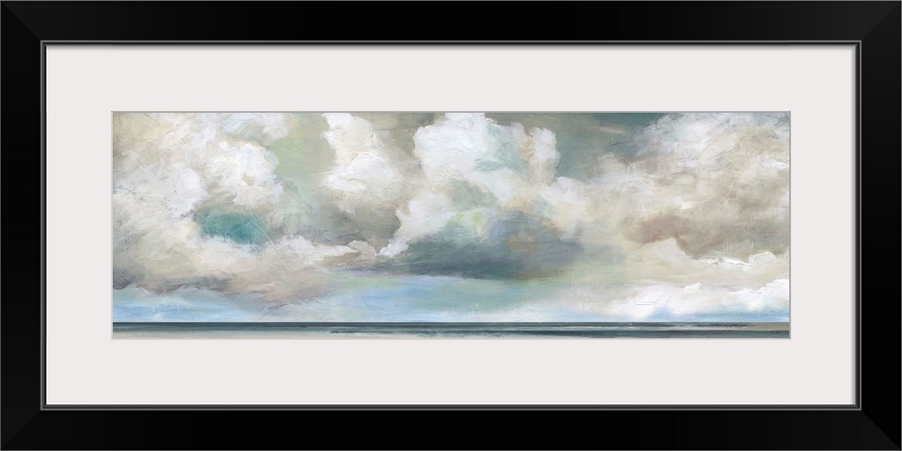 In this contemporary panoramic painting, brisk brush strokes compose white fluffy clouds that drift above a still body of ...