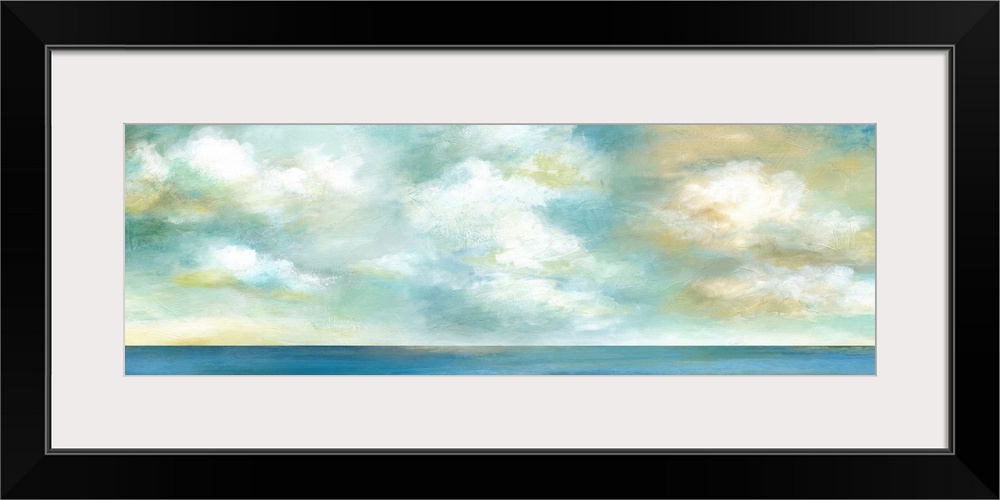 In this contemporary panoramic painting, brisk brush strokes compose white and yellow fluffy clouds that drift above a sti...