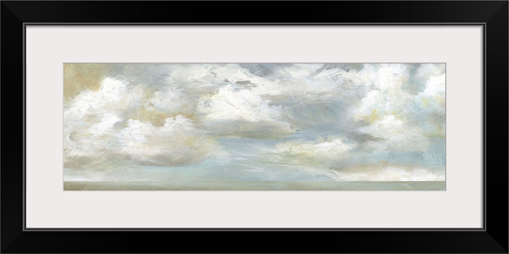 In this contemporary panoramic painting, brisk brush strokes compose white fluffy clouds that drift above a still body of ...