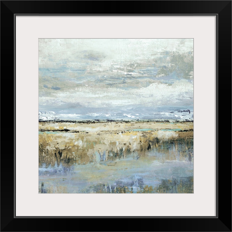 Square abstract painting of a marsh landscape in shades of brown, blue, yellow, and grey.