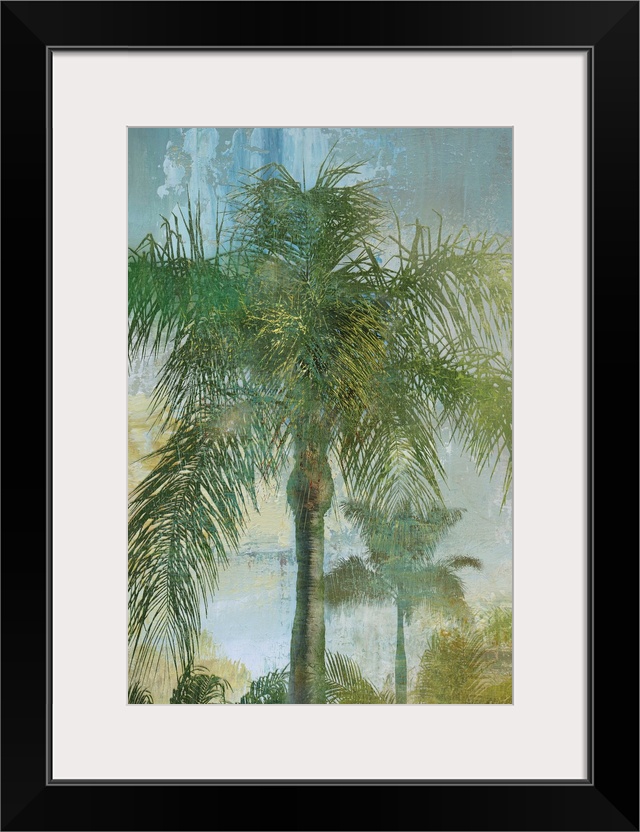 Tropical palm tree landscape in green, blue, and golden hues.