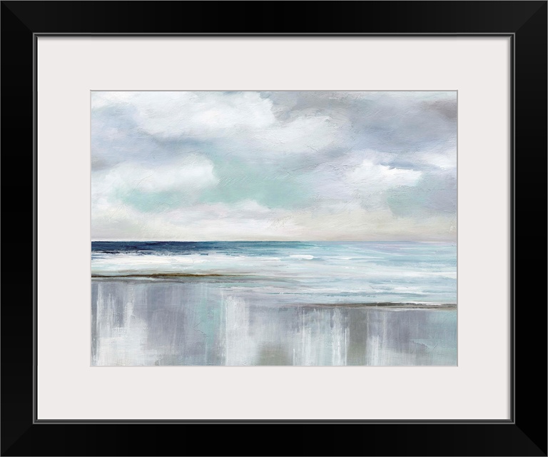 Abstract landscape painting of an ocean with fluffy clouds in the sky using various blues, grays and white colors.