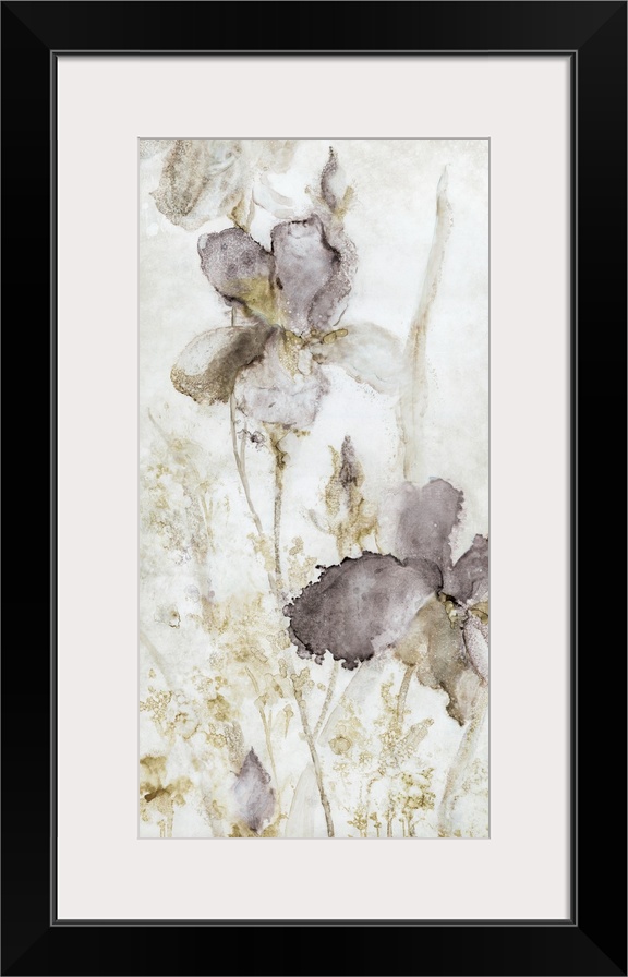 Droplets and splattered paint in subdued colors create this contemporary artwork of iris flowers.