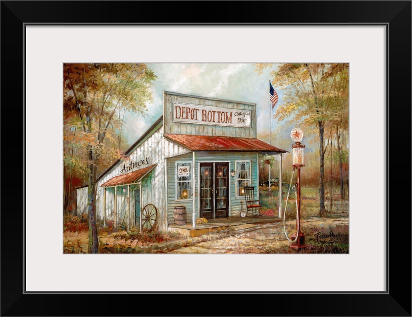 Contemporary painting of a countryside antique store called "Depot Bottom" with Autumn trees surrounding it.