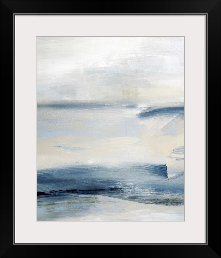 Vertical abstract painting with deep blue tones mixed in with gray, cream, and white.
