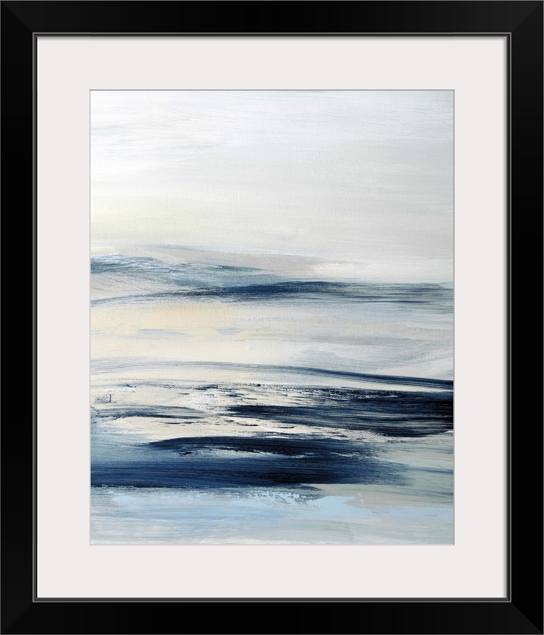 Vertical abstract painting with deep blue tones mixed in with gray, cream, and white.