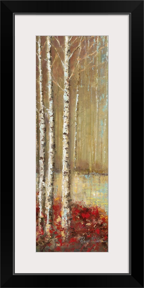 Contemporary painting of a thicket of trees in autumn foliage beside a stream.