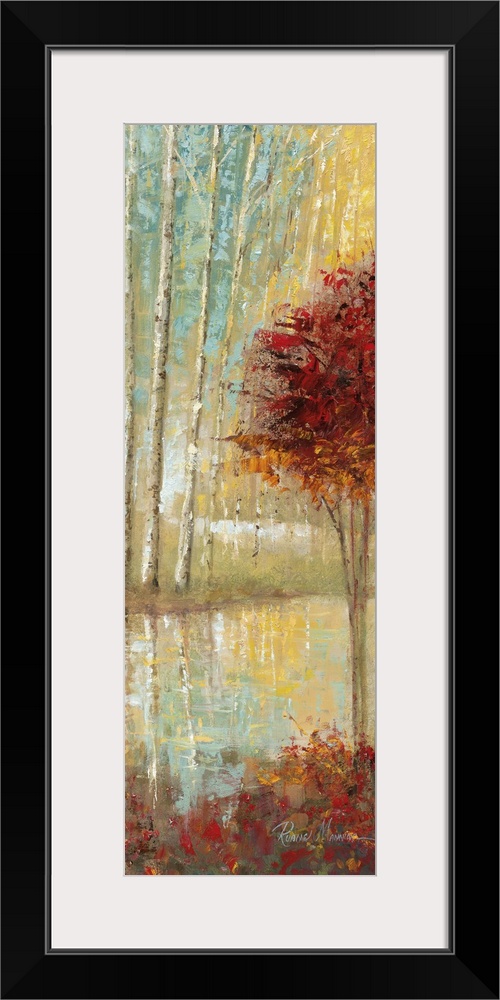 Contemporary painting of a thicket of trees in autumn foliage beside a stream.