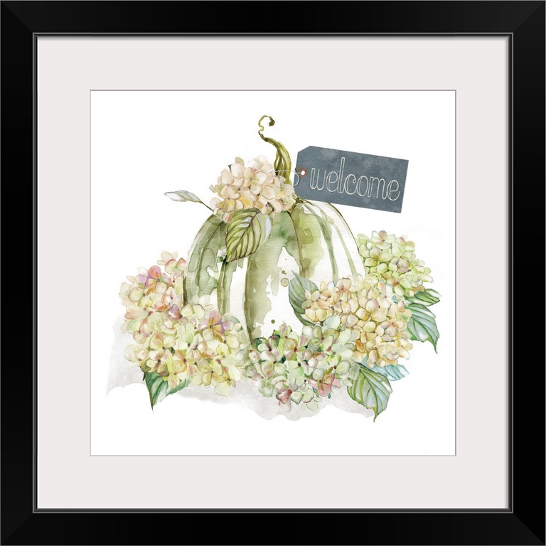 Square harvest decor with watercolor hydrangeas and a pumpkin with a tag on it that reads "Welcome"